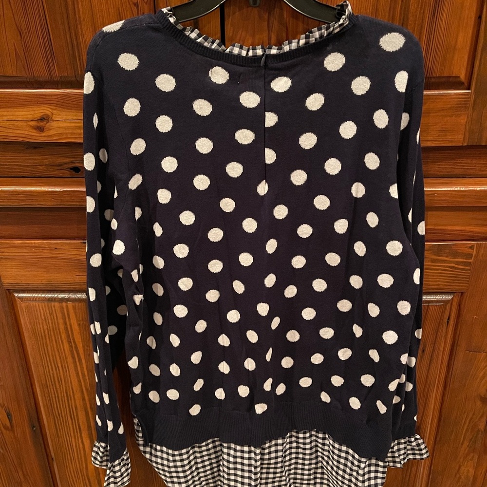 NWT! Crown & Ivy one piece pullover sweater. Navy blue w/white polka dots. Sz 1X